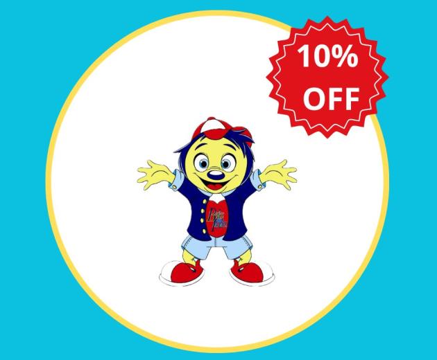 Personaggio allegro offre uno sconto del 10%, atmosfera vivace e invitante.